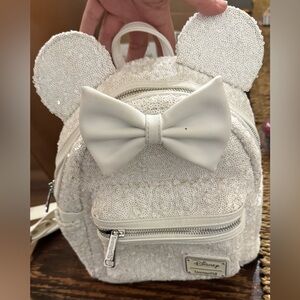 Loungefly Disney Sequin Mini Backpack with Bow - White